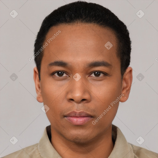 Neutral latino young-adult male with short  black hair and brown eyes