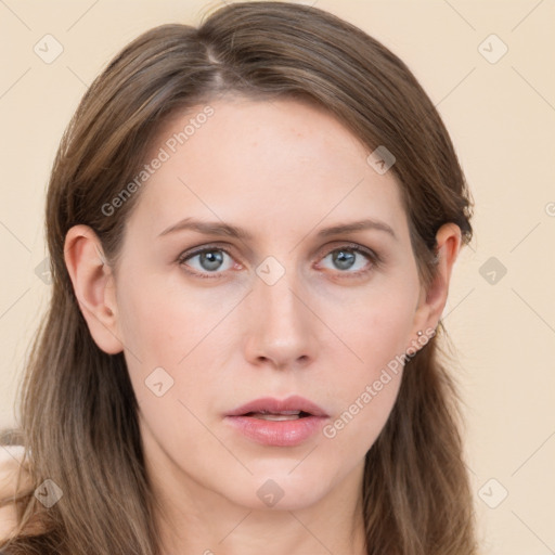 Neutral white young-adult female with long  brown hair and grey eyes