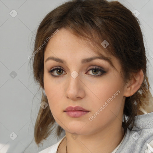 Neutral white young-adult female with medium  brown hair and brown eyes