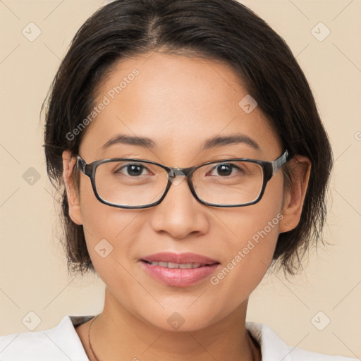 Joyful white young-adult female with medium  brown hair and brown eyes