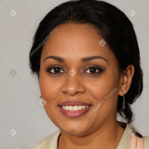 Joyful latino young-adult female with medium  brown hair and brown eyes