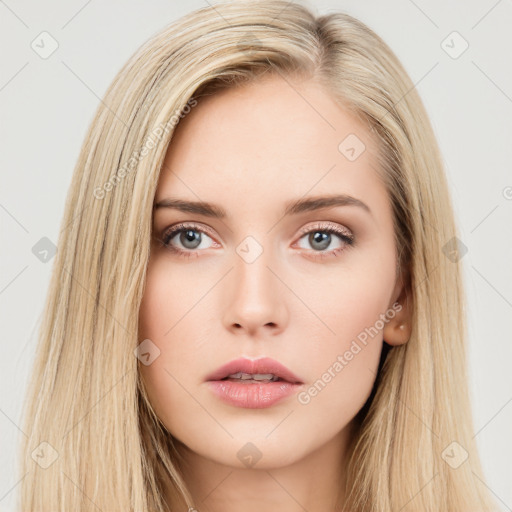 Neutral white young-adult female with long  brown hair and brown eyes