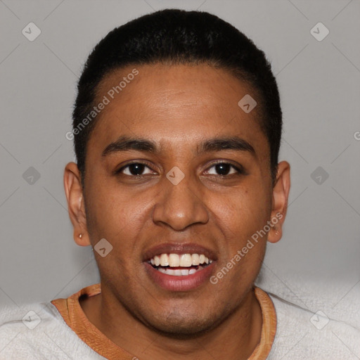 Joyful black young-adult male with short  black hair and brown eyes