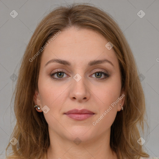 Neutral white young-adult female with medium  brown hair and grey eyes