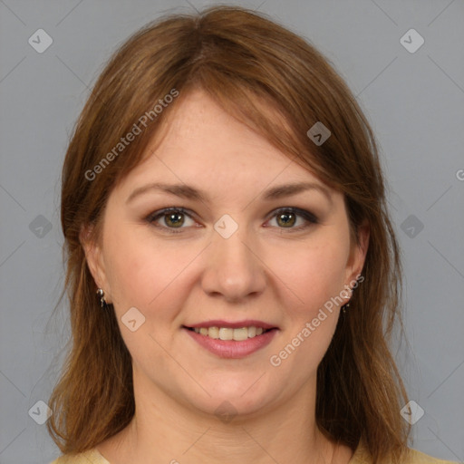 Joyful white young-adult female with medium  brown hair and grey eyes