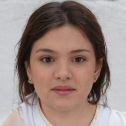 Joyful white child female with medium  brown hair and brown eyes