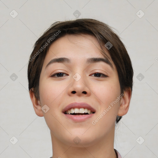 Joyful white young-adult female with short  brown hair and brown eyes