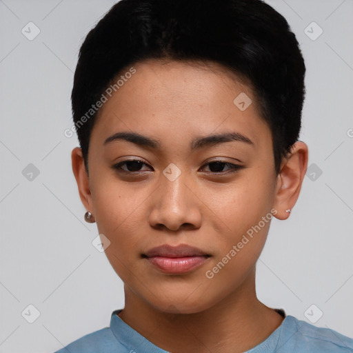 Joyful asian young-adult female with short  black hair and brown eyes