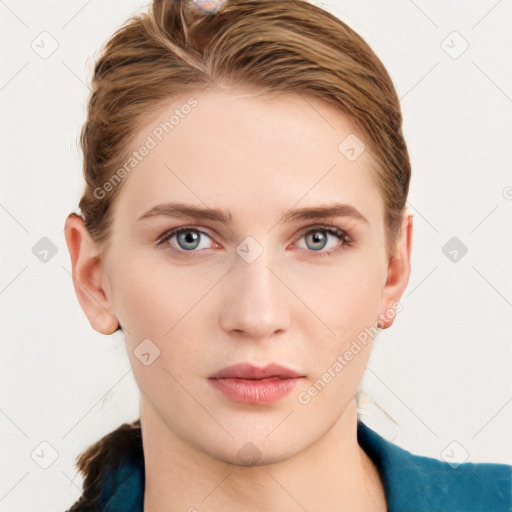 Neutral white young-adult female with short  brown hair and blue eyes