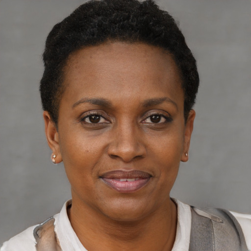 Joyful black young-adult female with short  brown hair and brown eyes