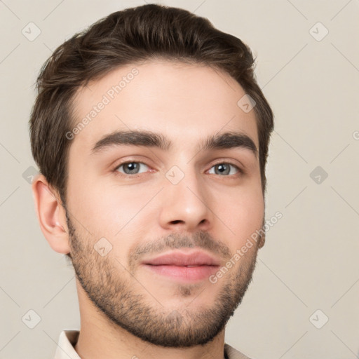 Neutral white young-adult male with short  brown hair and brown eyes