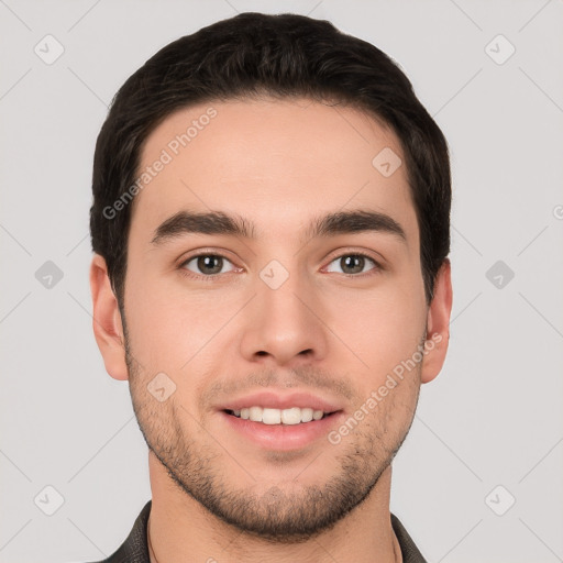 Joyful white young-adult male with short  brown hair and brown eyes