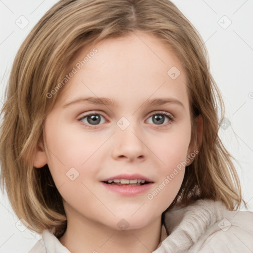 Joyful white child female with medium  brown hair and grey eyes