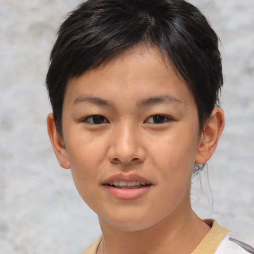 Joyful asian young-adult female with short  brown hair and brown eyes