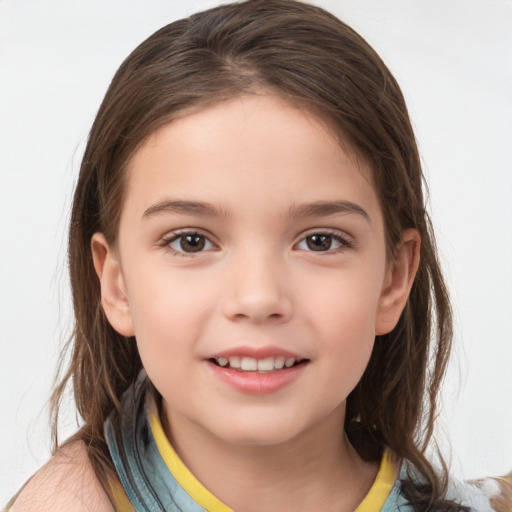 Joyful white child female with medium  brown hair and brown eyes