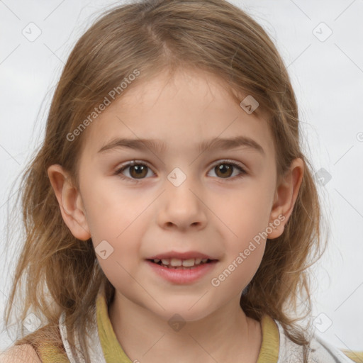 Joyful white child female with medium  brown hair and brown eyes