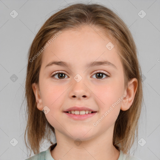 Joyful white child female with medium  brown hair and brown eyes