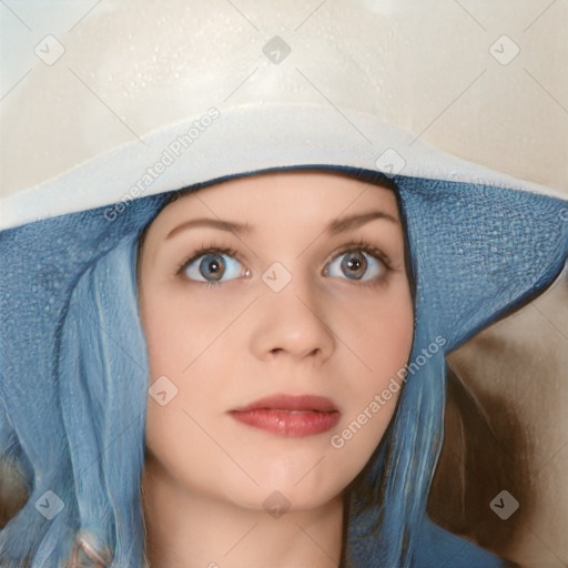 Neutral white young-adult female with long  brown hair and blue eyes