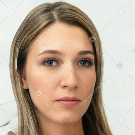 Neutral white young-adult female with long  brown hair and brown eyes