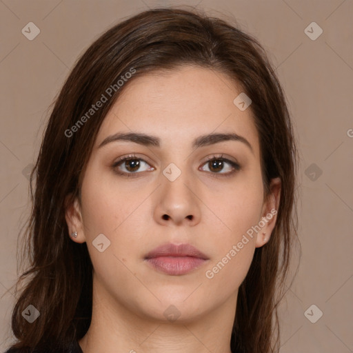 Neutral white young-adult female with medium  brown hair and brown eyes