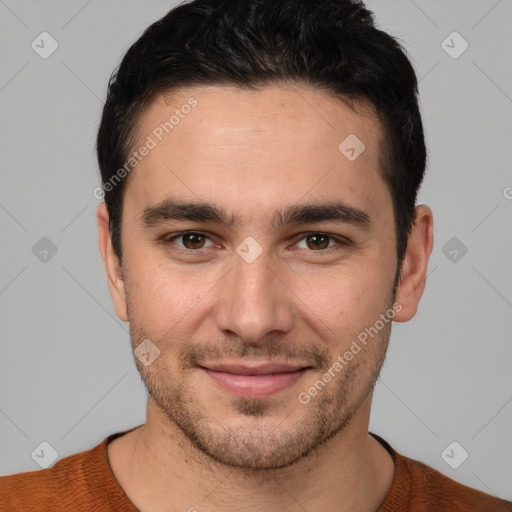 Joyful white young-adult male with short  brown hair and brown eyes