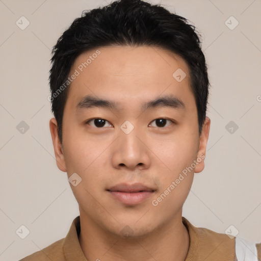 Neutral asian young-adult male with short  black hair and brown eyes