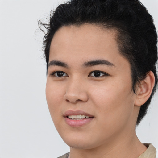 Joyful white young-adult female with short  black hair and brown eyes