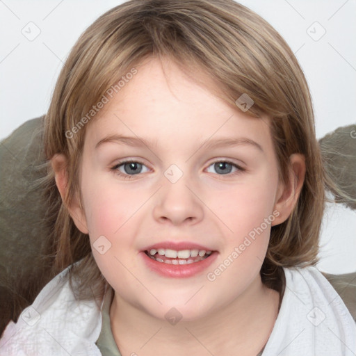 Joyful white child female with medium  brown hair and blue eyes