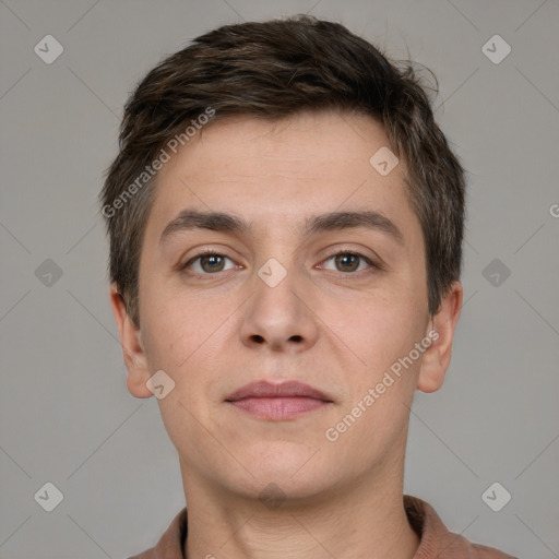 Neutral white young-adult male with short  brown hair and brown eyes