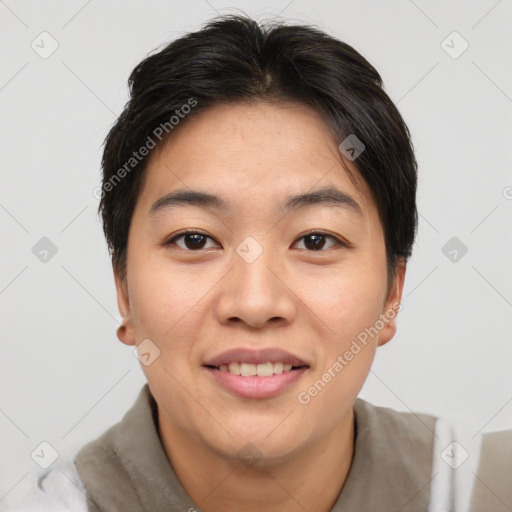 Joyful asian young-adult female with short  brown hair and brown eyes