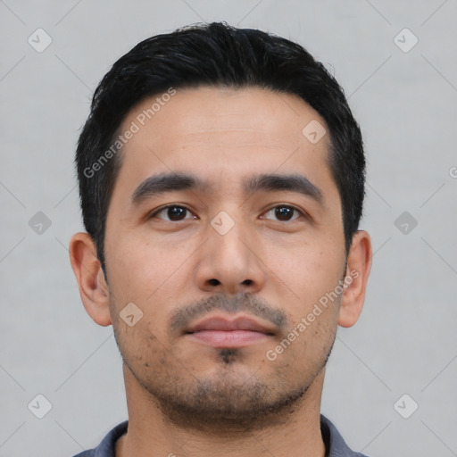 Neutral asian young-adult male with short  black hair and brown eyes