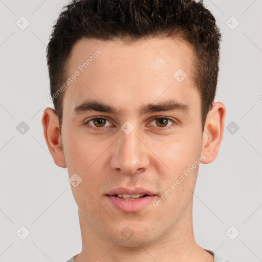 Neutral white young-adult male with short  brown hair and brown eyes