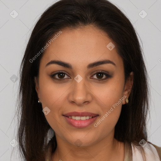 Joyful latino young-adult female with long  brown hair and brown eyes