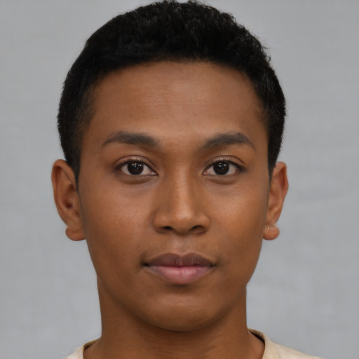 Neutral black young-adult male with short  brown hair and brown eyes