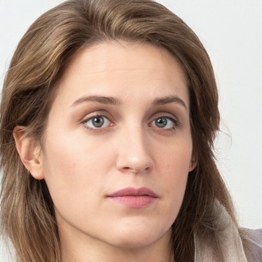 Neutral white young-adult female with long  brown hair and grey eyes