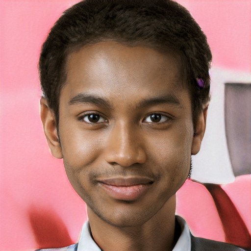 Joyful black young-adult male with short  brown hair and brown eyes