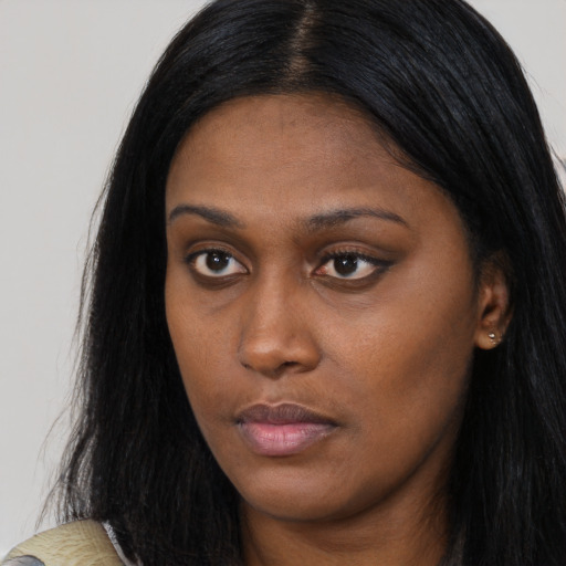 Neutral asian young-adult female with long  black hair and brown eyes