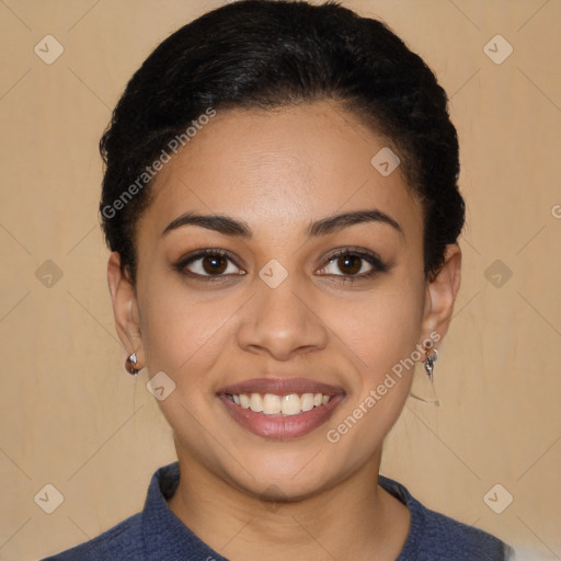 Joyful white young-adult female with short  black hair and brown eyes