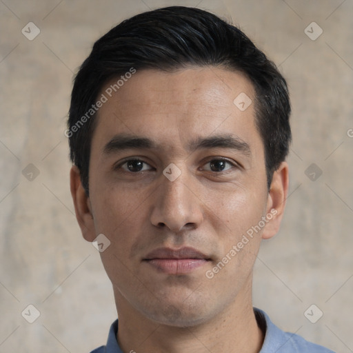 Neutral white young-adult male with short  black hair and brown eyes