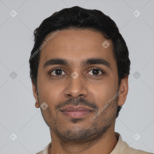 Neutral latino young-adult male with short  black hair and brown eyes