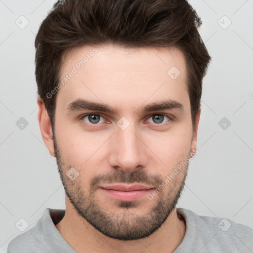 Neutral white young-adult male with short  brown hair and brown eyes