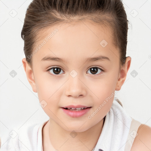 Joyful white child female with short  brown hair and brown eyes