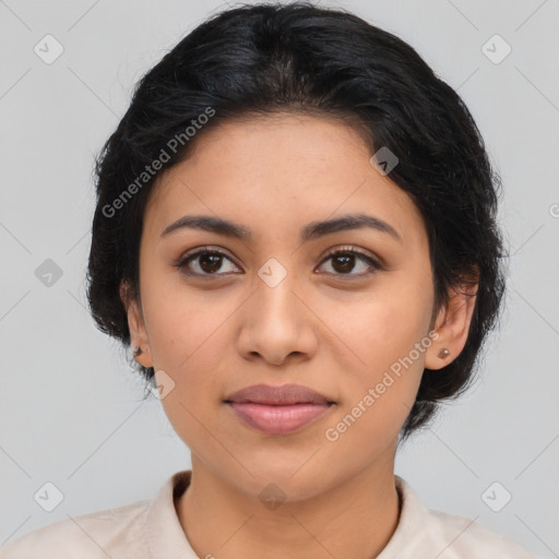 Joyful latino young-adult female with medium  black hair and brown eyes