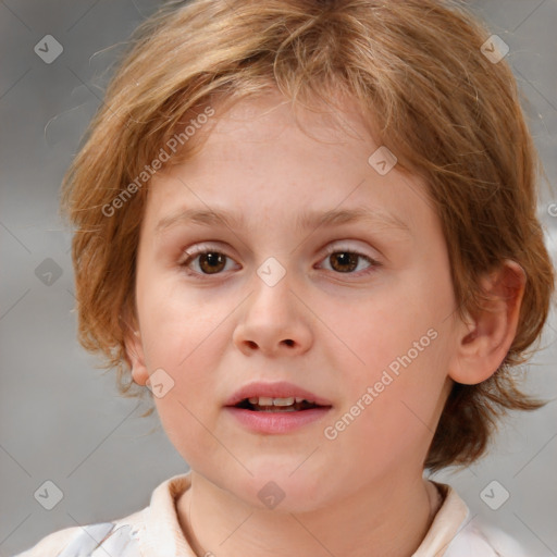 Joyful white child female with medium  brown hair and brown eyes