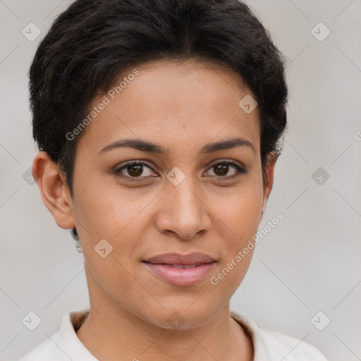 Joyful latino young-adult female with short  brown hair and brown eyes