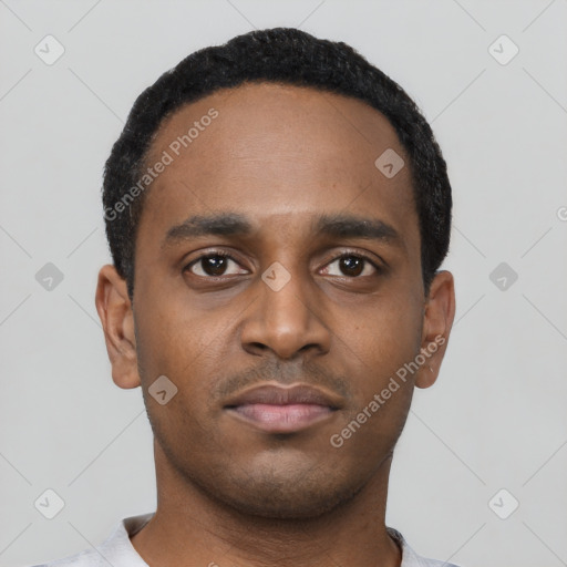 Neutral latino young-adult male with short  black hair and brown eyes
