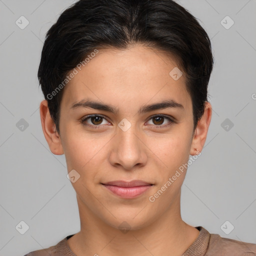 Joyful white young-adult female with short  brown hair and brown eyes