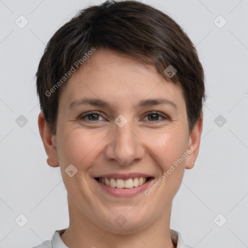 Joyful white young-adult female with short  brown hair and brown eyes