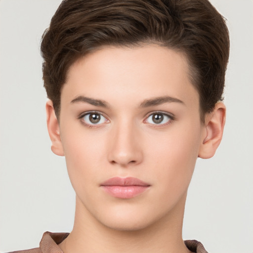 Neutral white young-adult female with short  brown hair and brown eyes