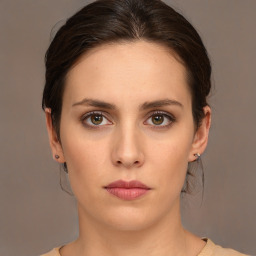 Neutral white young-adult female with short  brown hair and brown eyes